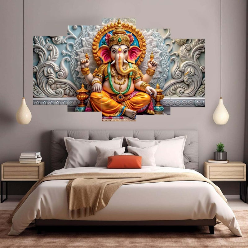 SN Handicrafts لوحات SN الحرفية لتزيين الجدران - مجموعة من خمسة، لوحة غانيش ثلاثية الأبعاد للفن الحديث لغرفة المعيشة بحجم كبير لتزيين المنزل، الفندق، المكتب 76.2 سم × 45 سم (غانيش s-0107) - Image 5