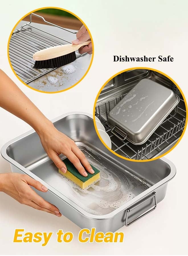 YIM-VIBEHAUS Stainless Steel Roasting Pan, Roasting Tin Pan with Grill Rack and Handle for Oven, High Sided Easy to Clean Induction Roast Tray for Chicken, Vegetable, Lasagna - Image 5