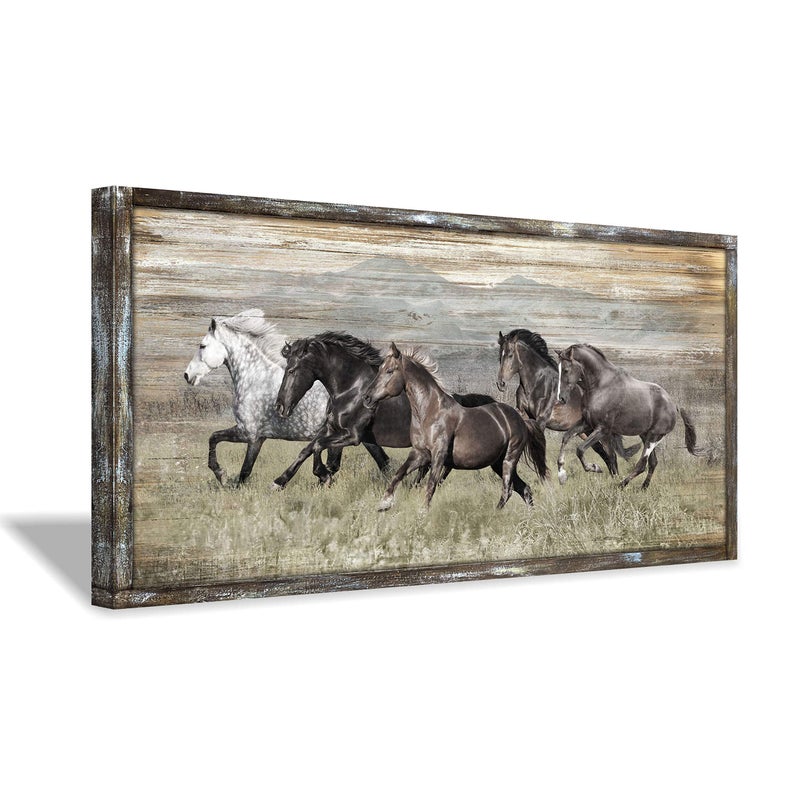 Wooden Horses Picture Wall Decor Modern Running Wildlife Horse Animal Painting Print on Rustic Textured Wood Artwork Wall Art with Handcrafted Wooden Framed 40 x 20