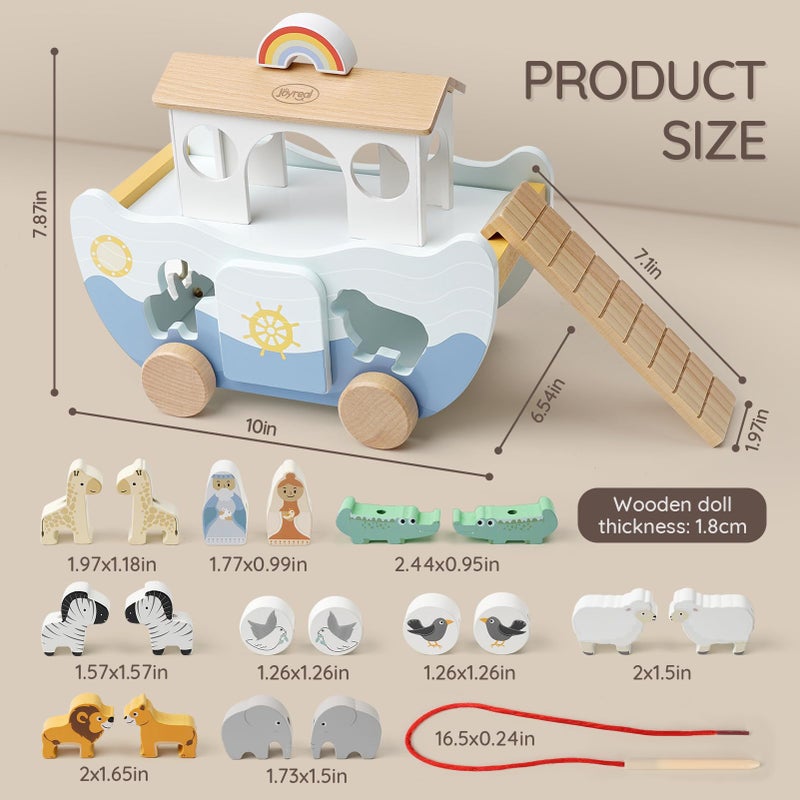 Joyreal Wooden Noah's Ark Toy for 1 Year Old Baby Boy and Girl Baptism Gift - Neutral Color Montessori Educational Toy with Animal Shape Sorter - Christian Toys for Toddler 1-3 Christmas Birthday Gift - Image 3