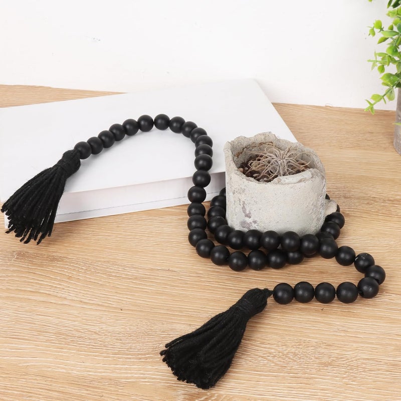 RAMIRABI Wood Beads Garland with Tassels Farmhouse Rustic Prayer Boho Beads for Boho Home Decor, Wall Hanging Decoration (Black) - Image 2