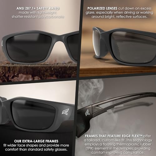 Edge نظارات EDGE TSK-XL216 Kazbek XL القطبية الواقية، مضادة للخدش، غير قابلة للانزلاق، UV 400، من الدرجة العسكرية، متوافقة مع ANSI/ISEA و MCEPS، تناسب واسع XL (إطار أسود، عدسة دخانية) - Image 5