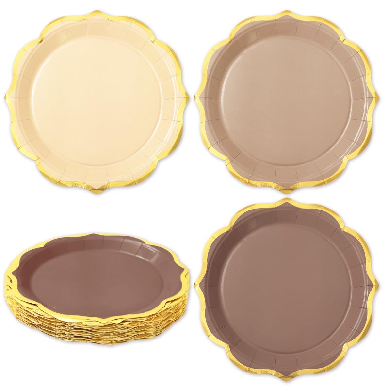 Whaline 30Pcs Beige Brown Paper Plate Gold Foil Scalloped Disposable Plate Retro 3 Colors Dinner Plate For Fall Thanksgiving Party Supplies Table Decor  9 Inch - Image 1