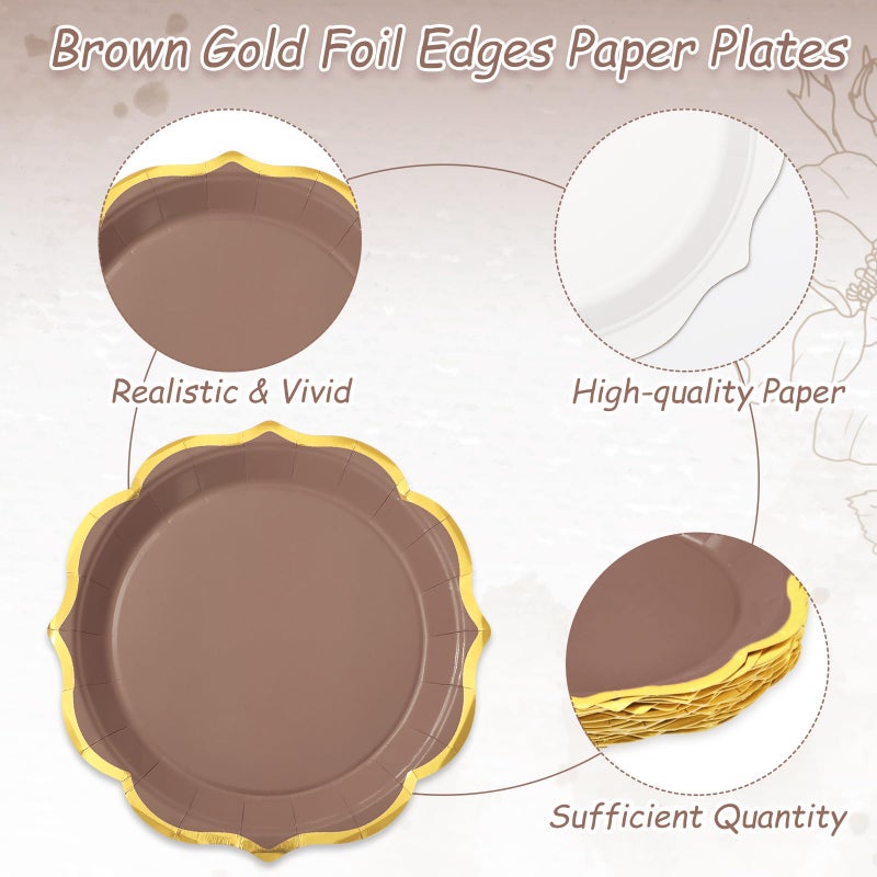 Whaline 30Pcs Beige Brown Paper Plate Gold Foil Scalloped Disposable Plate Retro 3 Colors Dinner Plate For Fall Thanksgiving Party Supplies Table Decor  9 Inch - Image 3