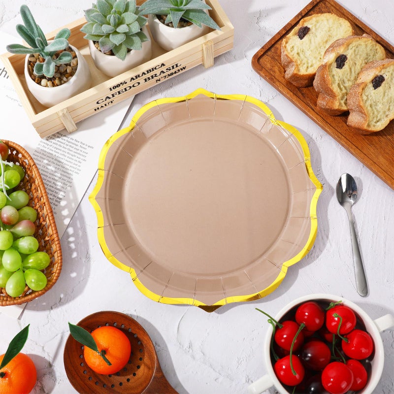 Whaline 30Pcs Beige Brown Paper Plate Gold Foil Scalloped Disposable Plate Retro 3 Colors Dinner Plate For Fall Thanksgiving Party Supplies Table Decor  9 Inch - Image 4