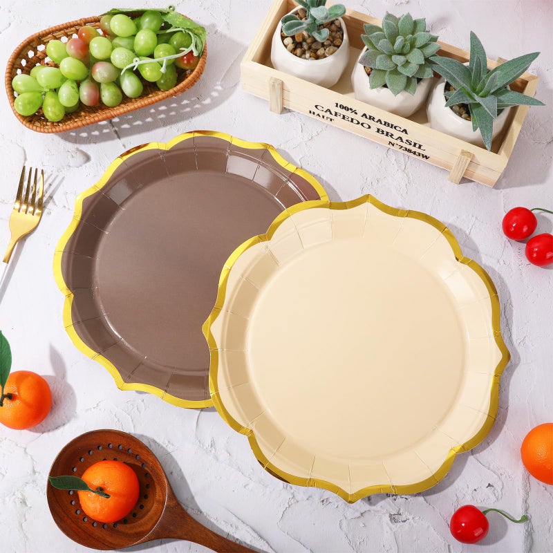 Whaline 30Pcs Beige Brown Paper Plate Gold Foil Scalloped Disposable Plate Retro 3 Colors Dinner Plate For Fall Thanksgiving Party Supplies Table Decor  9 Inch - Image 5