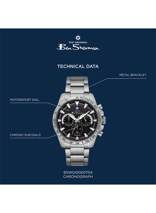 Ben Sherman silver Liverpool  Black Dial Stainless Steel Bracelet Chronograph Watch for Men, 44mm for Men | Best Price UAE