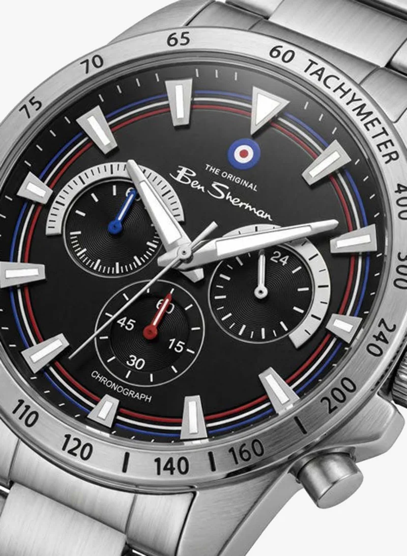 بين شيرمان Liverpool  Black Dial Stainless Steel Bracelet Chronograph Watch for Men, 44mm