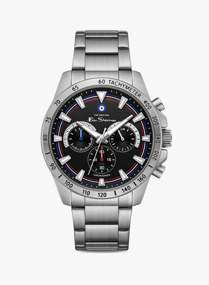 بين شيرمان Liverpool  Black Dial Stainless Steel Bracelet Chronograph Watch for Men, 44mm