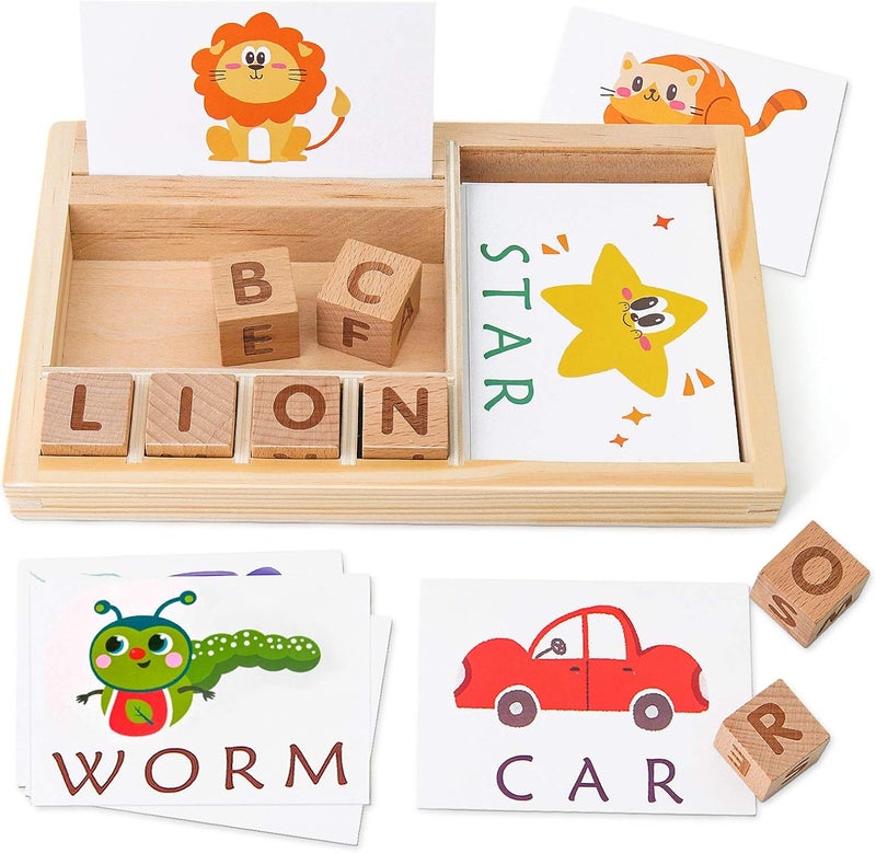 Coogam Spelling Games, Wooden Matching Letters Toy with Flash Cards Words, Montessori ABC Alphabet Learning Educational Puzzle Gift for Preschool Boys Girls Kids Age 3 4 5 Years Old - Image 1