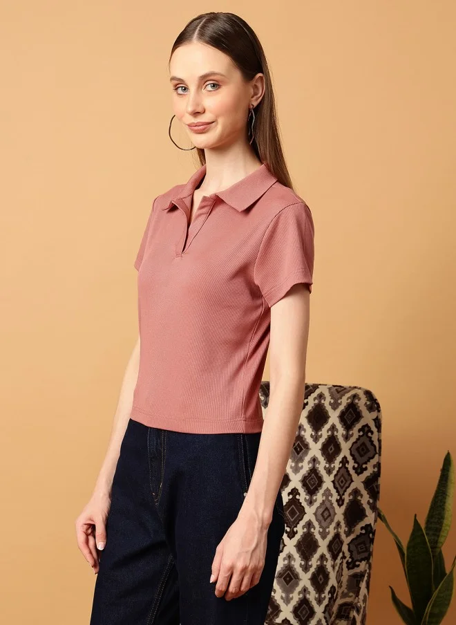 MINT STREET Rust Slim Fit Polo Collar T-Shirt for Women