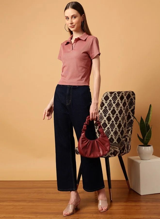 MINT STREET Rust Slim Fit Polo Collar T-Shirt for Women