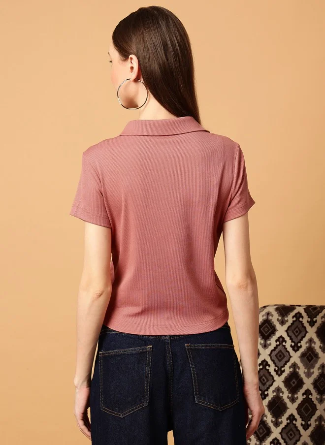 MINT STREET Rust Slim Fit Polo Collar T-Shirt for Women