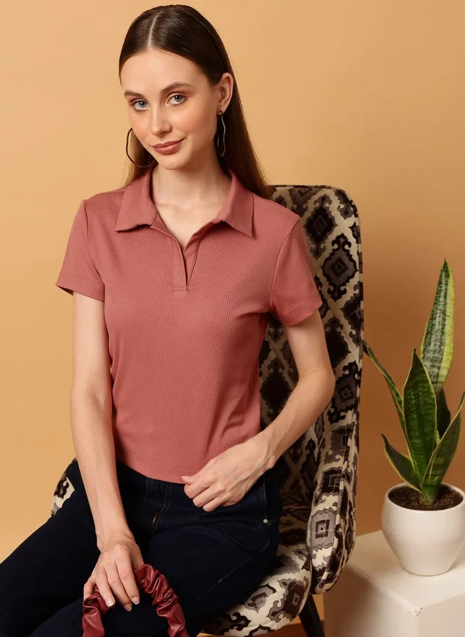 MINT STREET Rust Slim Fit Polo Collar T-Shirt for Women