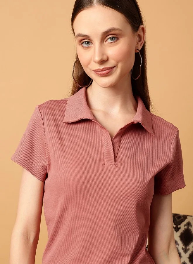 MINT STREET Rust Slim Fit Polo Collar T-Shirt for Women