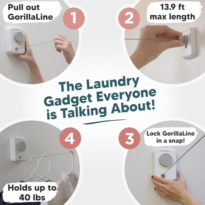 GorillaLine Max - Retractable Clothesline Indoor Outdoor Clothes Line - Heavy Duty Clothes Drying Laundry Line - Wall Mounted Drying Rack - Air Dry Clothing - Max Tighten with GorillaGrip - Image 2