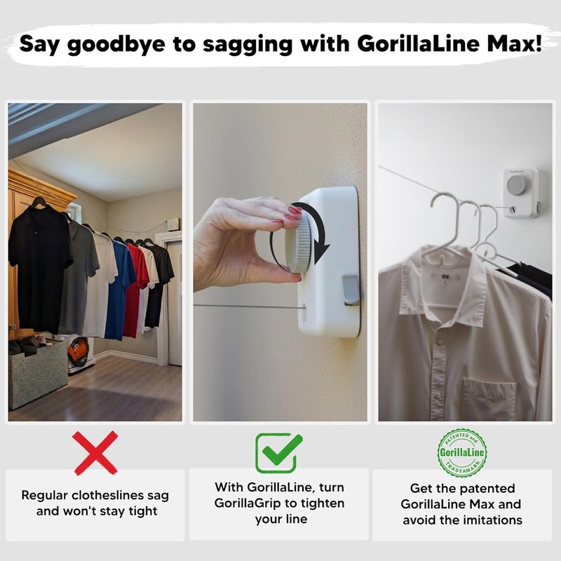 GorillaLine Max - Retractable Clothesline Indoor Outdoor Clothes Line - Heavy Duty Clothes Drying Laundry Line - Wall Mounted Drying Rack - Air Dry Clothing - Max Tighten with GorillaGrip - Image 3