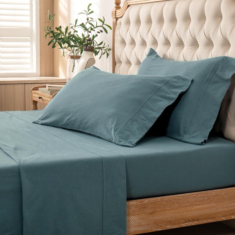 PURE ERA PURE ERA Jersey Knit 4pc Bed Sheet Set 100% T-Shirt Cotton Super Soft Comfy Breathable Fits Mattress Up to 20"" Extra Deep Pocket (Solid Cerulean Blue  Cal King)  - Image 5