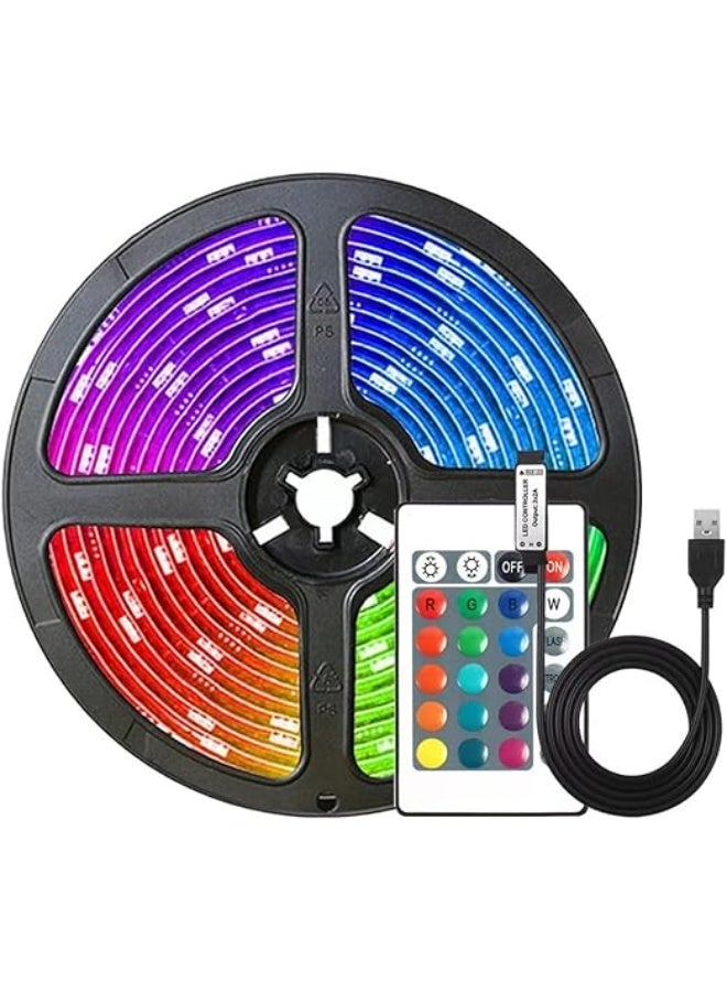 شريط إضاءة LED RGB يعمل بمنفذ USB، جهاز تحكم عن بعد بـ 24 مفتاحًا، 16 لونًا قابلاً للتعتيم، مصابيح زخرفية مرنة من نوع 5050 LED (5 أمتار) - Image 1