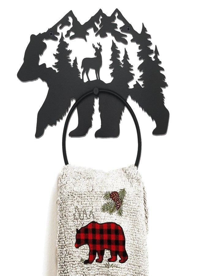 BiaGift Black Bear Bathroom Decor Towel Holder for Bathroom Wall, Matte Black Log Cabin Towel Hook Rustic Bathroom Towel Rack Wall Mount, Round Towel Ring for Woodland Bathroom - Image 1