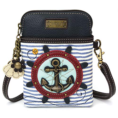 CHALA Ocean Collection Cell Phone Crossbody Purse-Women PU Leather/Canvas Multicolor Handbag with Adjustable Strap - Anchor - blue & white stripe - Image 1