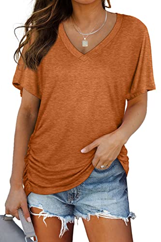 WIHOLL Womens Short Sleeve Tops V Neck T Shirts Loose Fitted Tunics Summer Burntorange M - Image 1