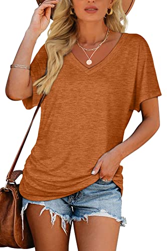 WIHOLL Womens Short Sleeve Tops V Neck T Shirts Loose Fitted Tunics Summer Burntorange M - Image 2