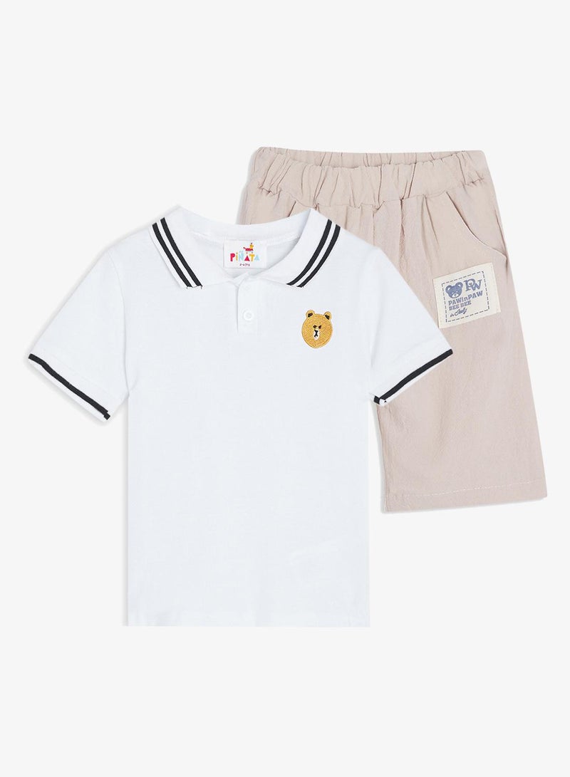 Pinata Cute Bear Print Cotton Polo Tshirt and Shorts Set - Image 2