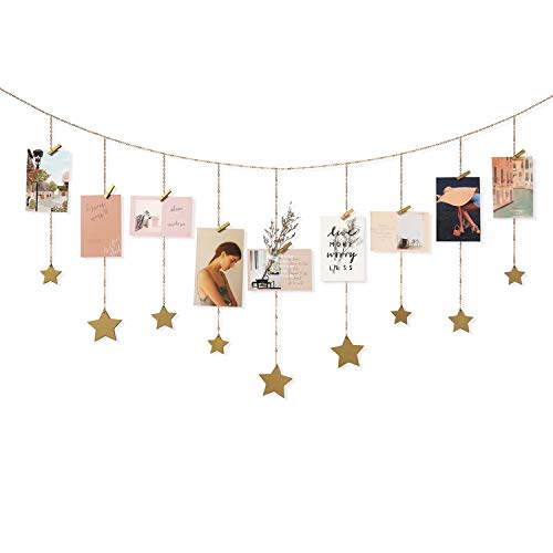 Mkono Hanging Photo Display Boho Decor Wooden Stars Garland with Metal Chains Pictures Cards Holder with 25 Wood Clips Wall Art for Christmas Living Room Bedroom Dorm Decor Teen Girls Gift Gold
