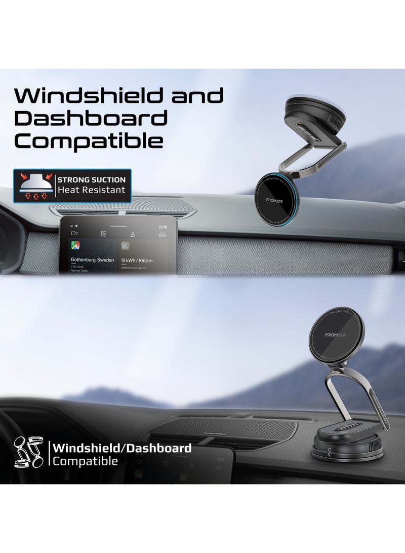Promate Magnetic Wireless Phone Car Charger, 15W Car Mount with Windshield & Dashboard Compatibility, Locking Mechanism, Adjustable Extendable Arm, Cradleless 360° Rotatable Base, MagNeo-15W Black - Image 3