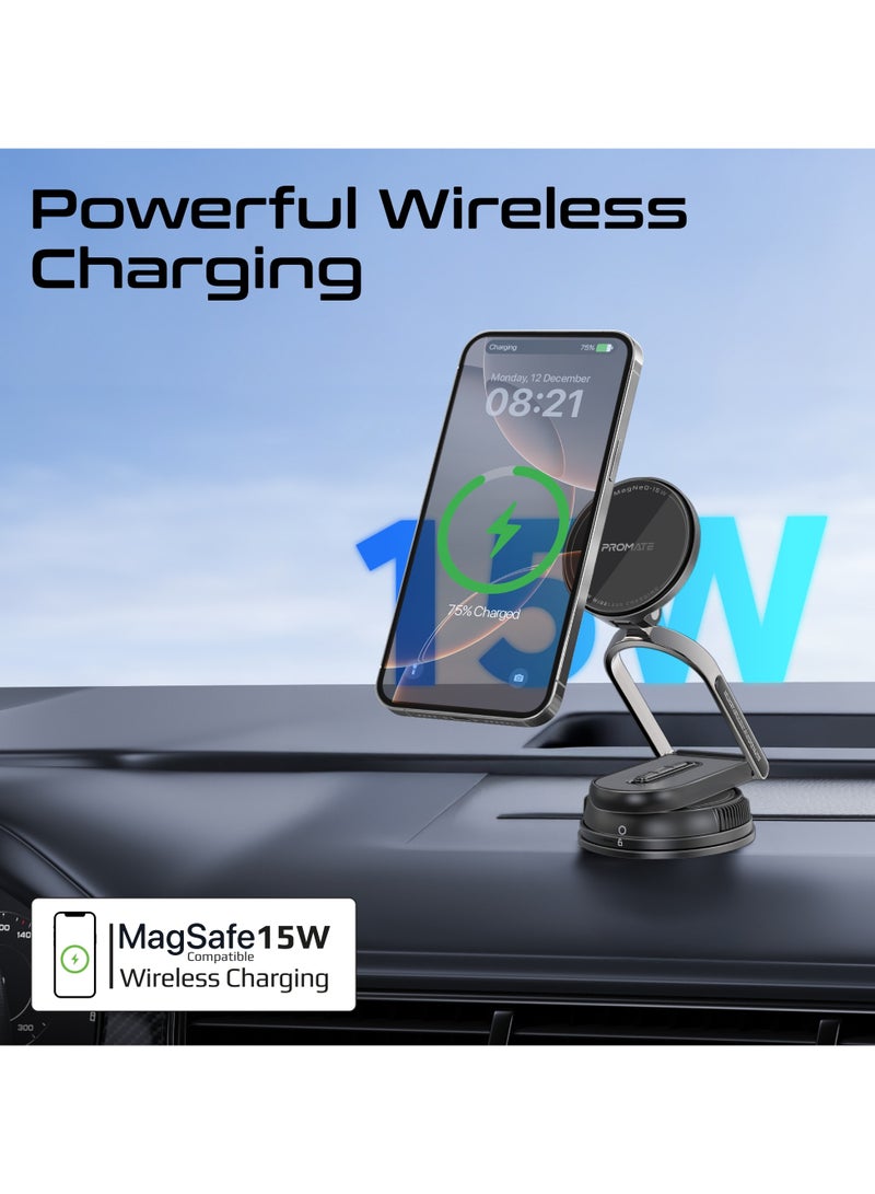 Promate Magnetic Wireless Phone Car Charger, 15W Car Mount with Windshield & Dashboard Compatibility, Locking Mechanism, Adjustable Extendable Arm, Cradleless 360° Rotatable Base, MagNeo-15W Black - Image 1