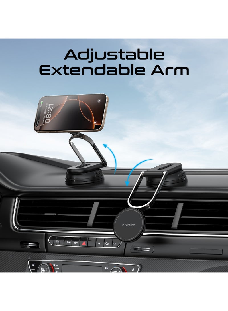 Promate Magnetic Wireless Phone Car Charger, 15W Car Mount with Windshield & Dashboard Compatibility, Locking Mechanism, Adjustable Extendable Arm, Cradleless 360° Rotatable Base, MagNeo-15W Black - Image 2
