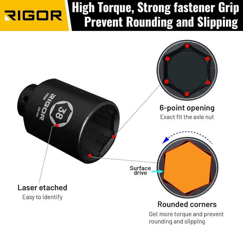 Rigor 11009 38mm Axle Nut Impact Socket | 1/2-Inch Drive, 6 Point, Deep, CR-MO, Metric | Quick-Fit for Hog Ring Anvil | Laser Etched - Image 3
