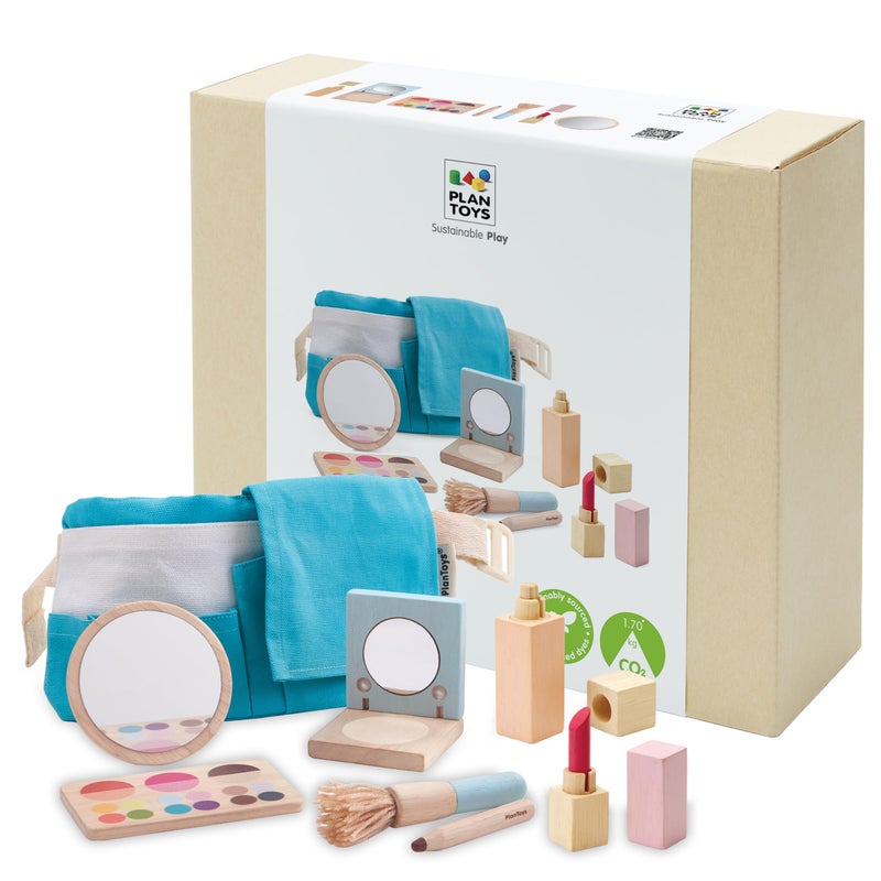 PlanToysÂ® Pretend Play Wooden Makeup Set for Kids | Makeup Kit with Mirror, Lipstick, Brush, Eyeshadow & Waist Bag | Montessori Toy for Toddlers & Girls | Eco-Friendly Beauty Role Play Set - Image 1