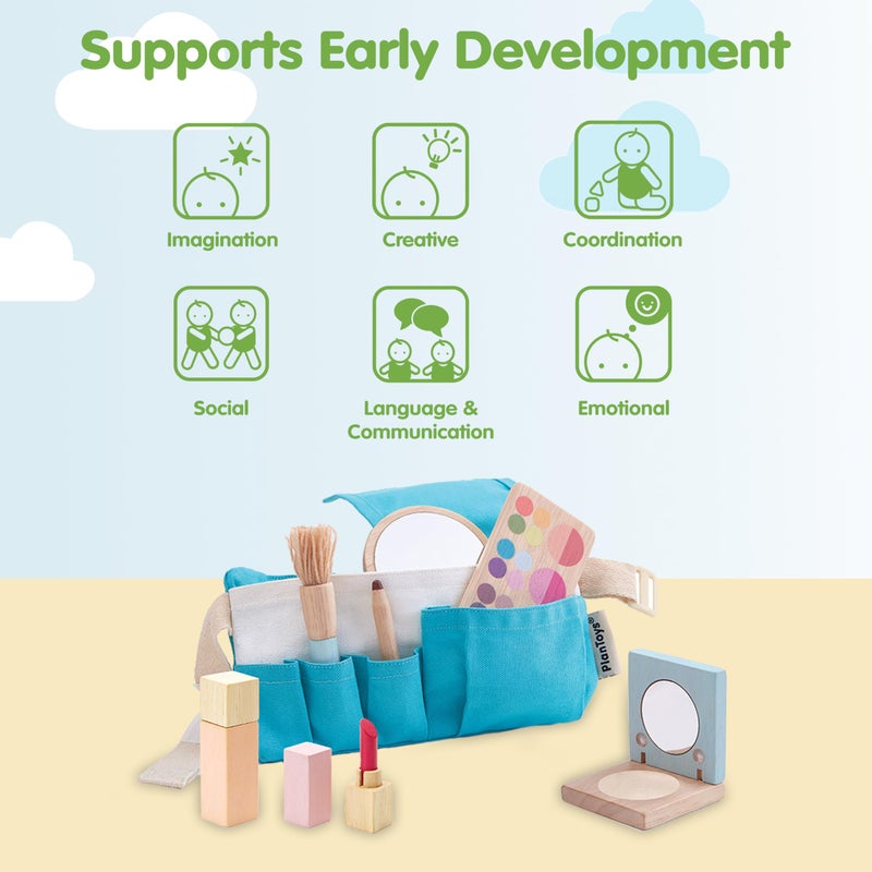 PlanToysÂ® Pretend Play Wooden Makeup Set for Kids | Makeup Kit with Mirror, Lipstick, Brush, Eyeshadow & Waist Bag | Montessori Toy for Toddlers & Girls | Eco-Friendly Beauty Role Play Set - Image 4