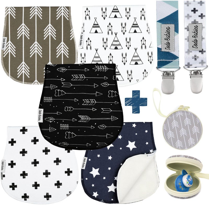 Dodo Babies 5Pack Baby Burp Cloths  Soft Absorbent Cotton Burp Cloths  Includes Pacifier Case and 2 Pacifier Clips  Colors Blue Grey and Black  Pacifier Clip