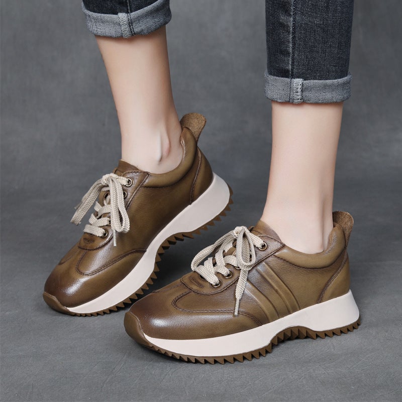 Autumn Winter New Pladis Leather Thick Sole Comfort Sneakers Women Khaki