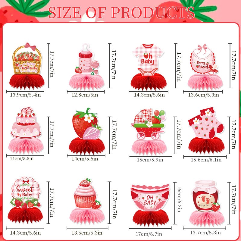 Refavor Strawberry Baby Shower Decorations, 12PCS Berry Sweet Honeycomb Centerpieces Decoration A Berry Sweet Baby Is on the Way Party Table Decor Supplies - Image 2