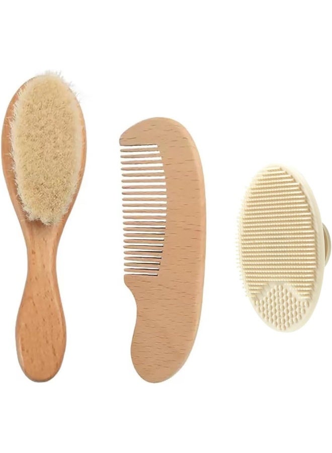 PandaEar مجموعة فرشاة ومشط الأطفال من باندا إير 3 قطع للمواليد الجدد، فرشاة سيليكون لعلاج قشرة الرأس للأطفال، فرشاة شعر ناعمة للمواليد الجدد بشعيرات ماعز ناعمة، مجموعة مشط فرشاة شعر خشبية للأطفال الأولاد والبنات - Image 1