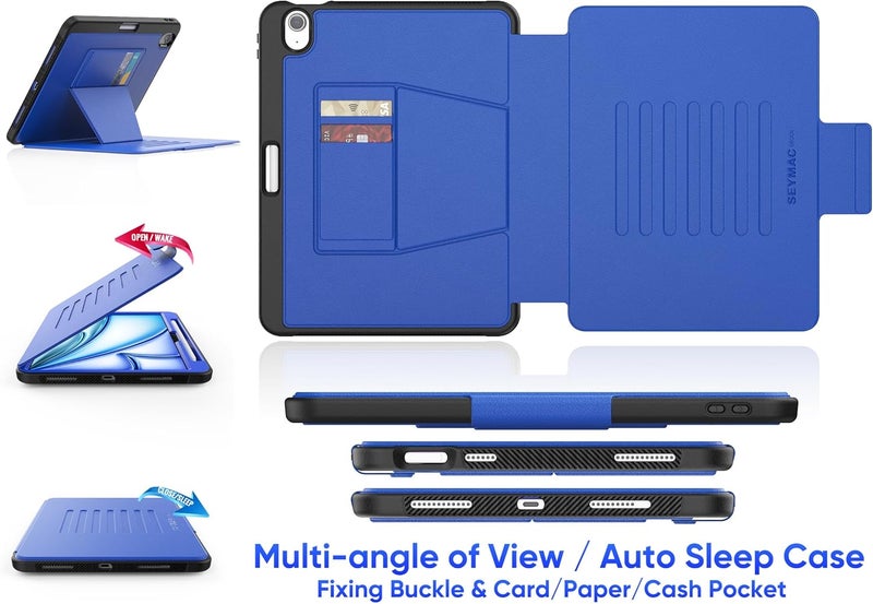 SEYMAC stock حافظة SEYMAC المخزنة لجهاز iPad Air 11 بوصة M4-M2 2026-2024 (الجيل 8-6)، حافظة مغناطيسية قوية مقاومة للصدمات مع حامل متعدد الزوايا ممتص، حامل قلم، فتحة بطاقة، أزرق - Image 2