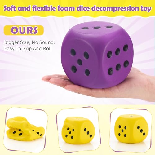 Zomiboo 2 Pcs 393 Large Foam Dice for Classroom Jumbo 6 Sided Giant Dice Casino Party Decoration Squeeze Anxiety Stress Relieve Toy Gifts for Valentines Day Adults Kids Board Game Purple Yellow - Image 5