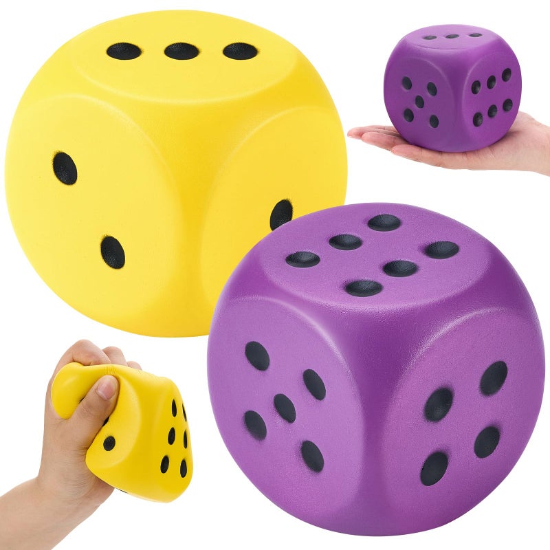 Zomiboo 2 Pcs 393 Large Foam Dice for Classroom Jumbo 6 Sided Giant Dice Casino Party Decoration Squeeze Anxiety Stress Relieve Toy Gifts for Valentines Day Adults Kids Board Game Purple Yellow - Image 3