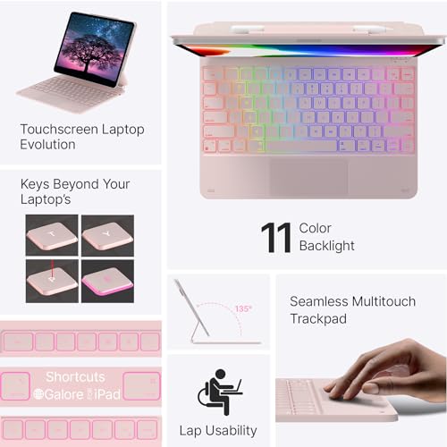 typecase غطاء لوحة مفاتيح Typecase لجهاز iPad Air 13 (M3 2025 / M2 2024) و iPad Pro 12.9 (الجيل 6/5/4/3، لوحة مفاتيح سحرية مع إضاءة خلفية بـ 11 لون، لوحة تتبع مدمجة، صف وظائف، حامل قلم، وردي ملكي فاتح - Image 3