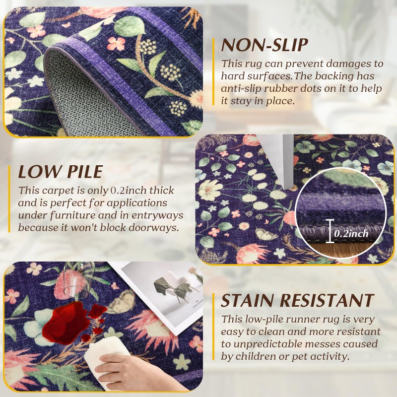 Rtizon Area Rugs for Living Room, Washable 5x7 Purple Blue Vintage Rug for Bedroom, Non-Slip Floral Carpet for Home Office Nursery Dining Room Kitchen - Image 2