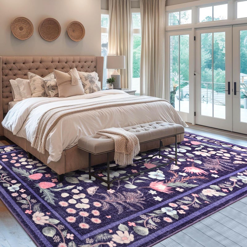 Rtizon Area Rugs for Living Room, Washable 5x7 Purple Blue Vintage Rug for Bedroom, Non-Slip Floral Carpet for Home Office Nursery Dining Room Kitchen - Image 4