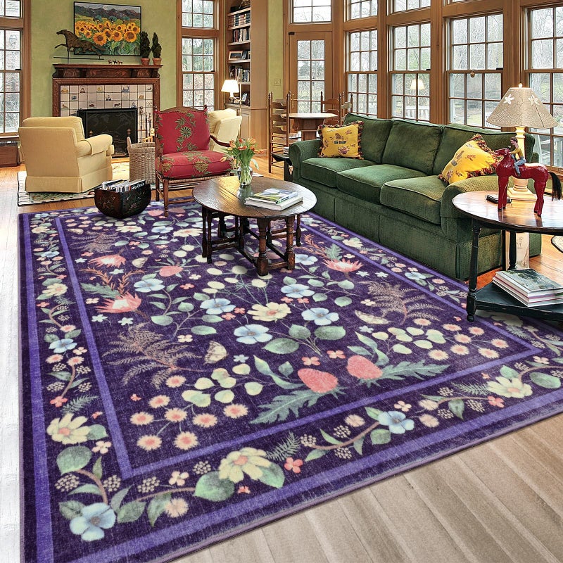 Rtizon Area Rugs for Living Room, Washable 5x7 Purple Blue Vintage Rug for Bedroom, Non-Slip Floral Carpet for Home Office Nursery Dining Room Kitchen - Image 1