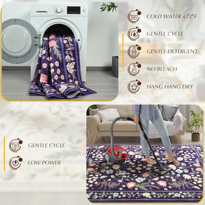 Rtizon Area Rugs for Living Room, Washable 5x7 Purple Blue Vintage Rug for Bedroom, Non-Slip Floral Carpet for Home Office Nursery Dining Room Kitchen - Image 3