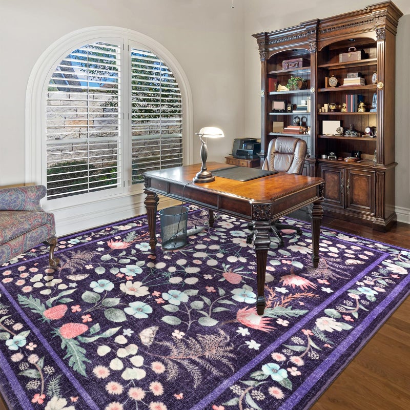 Rtizon Area Rugs for Living Room, Washable 5x7 Purple Blue Vintage Rug for Bedroom, Non-Slip Floral Carpet for Home Office Nursery Dining Room Kitchen - Image 5