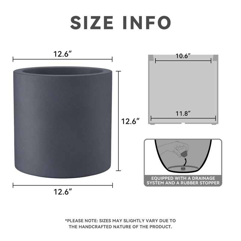 Kante 12.6" Dia Round Concrete Planter, Modern Style Large Cylindrical Plant Pot with Drainage Hole and Rubber Plug for Indoor Outdoor Patio, Dark Gray - Image 2