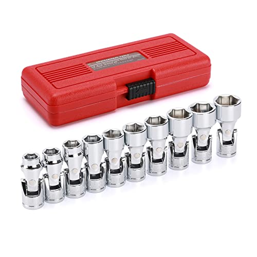 EMENTOL 10PCS 3/8" Drive Universal Joint Socket Set, 6 Point, Metric Universal Flex Socket Set, CR-V, Swivel Head, 10mm - 19mm - Image 1